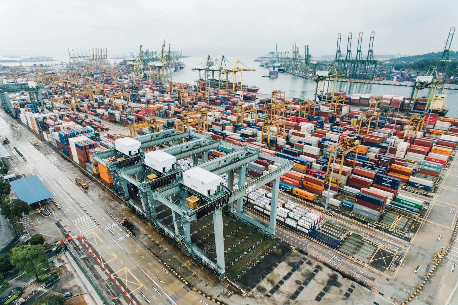 Container port with cargo ship